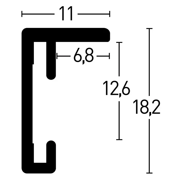 Accent Alurahmen Star - 18 x 24 cm, Schwarz - Abbildung eines Profils mit den Maßen 11 mm Breite, 6,8 mm Tiefe, 12,6 mm und 18,2 mm Höhe zur Produktbeschreibung.
