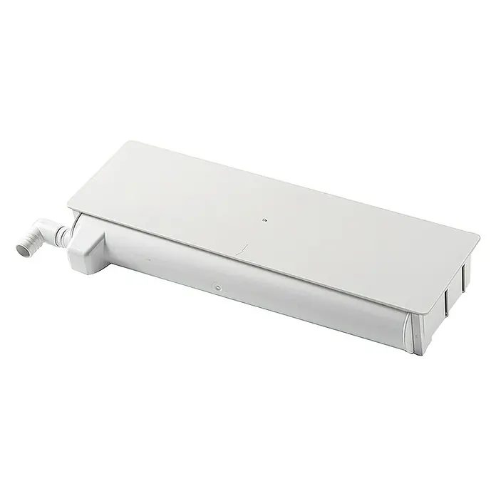 Famatel Caja de instalación para aire acondicionado - Blanco, L x An x Al: 55 x 154 x 396 mm, Con tapa - Una bomba de condensado rectangular blanca con una conexión de drenaje lateral, ideal para aires acondicionados.