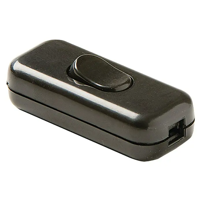 Famatel Interruptor de palanca Paso - Negro, 250 V, 2 A - Primer plano de un interruptor de cable negro en línea, utilizado para encender y apagar las lámparas tirando del cable.