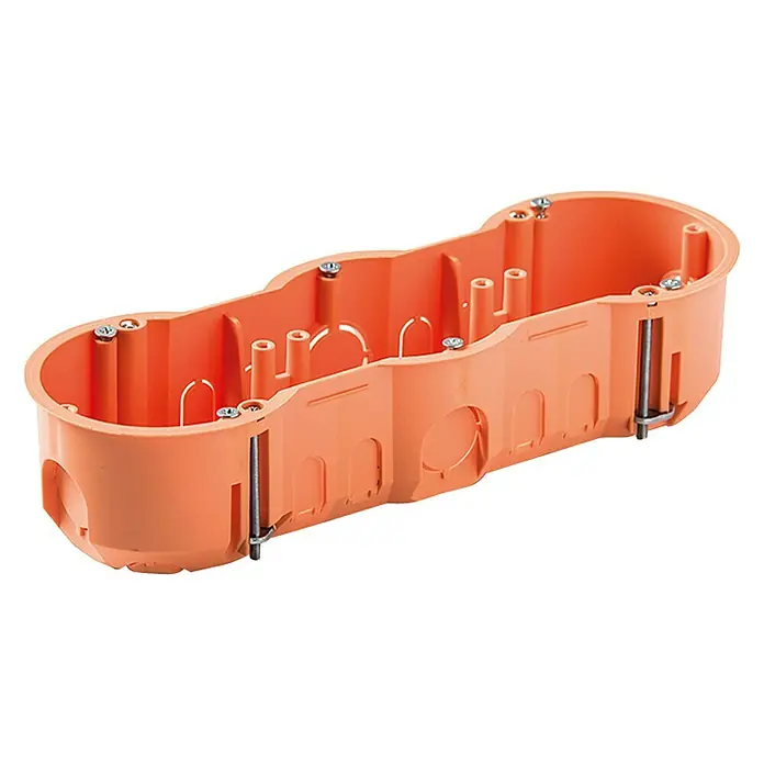 Famatel Caja de empotrar Pladur - 67 x 45 mm, Sin tapa, Naranja, 1 ud., Modelo triple - Caja eléctrica empotrada doble naranja, hecha de plástico con herrajes de montaje. Ideal para instalaciones eléctricas interiores.