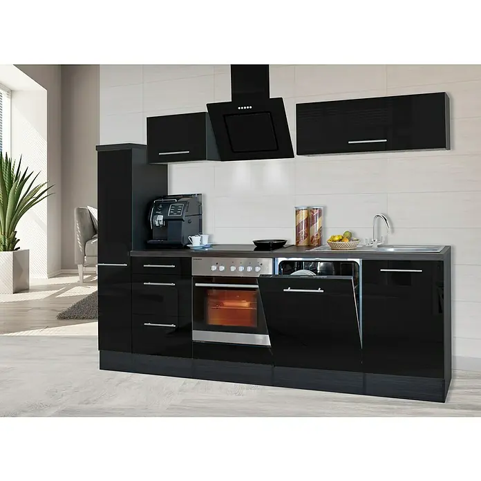 Respekta Premium Küchenzeile RP250ESCBO - Breite: 250 cm, Schwarz, Mit Elektrogeräten - Moderne schwarze Küche mit Hochglanzfronten, integriertem Herd, Geschirrspüler, Kaffeemaschine und Dunstabzugshaube für stilvolles Kochen.