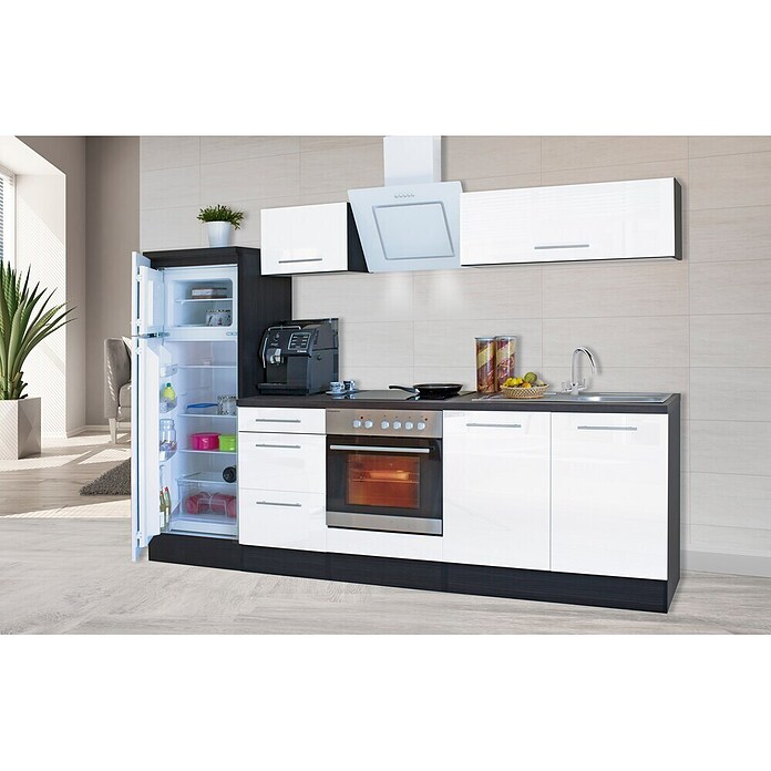 Respekta Premium Composición de cocina (Ancho: 270 cm, Con dispositivos eléctricos, Blanco de alto brillo)