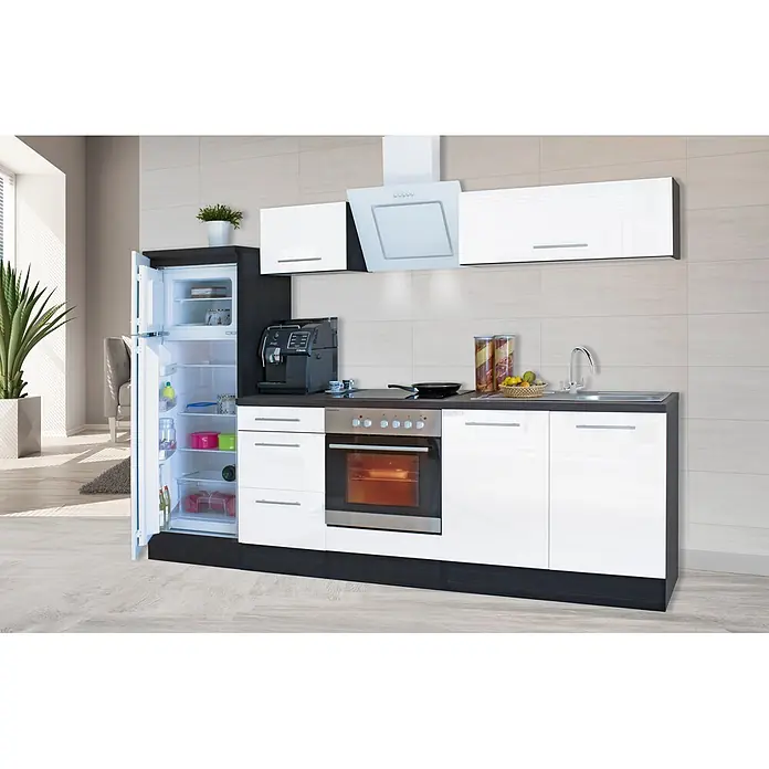 Respekta Premium Composición de cocina Amanda Alto - Ancho: 270 cm, Roble/Blanco, Con electrodomésticos - Cocina moderna blanca y oscura con horno, placa, fregadero y nevera abierta integrados, con frentes de brillo y armarios superiores.