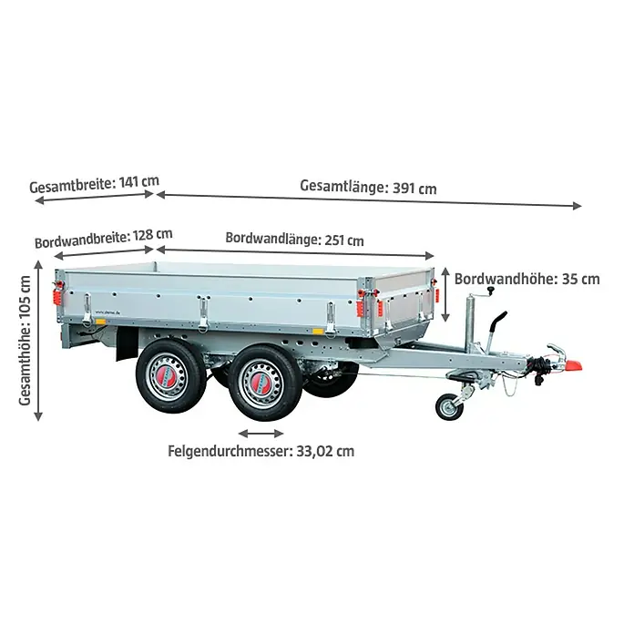 Stema Anhänger BASIC SH 2000-25-13.2 - Nutzlast: 1.642 kg, Doppelachser, Kasteninnenmaß: 251 x 128 x 35 cm, Gebremst - Abbildung eines Anhängers mit Maßangaben zu Gesamtlänge, -breite und -höhe sowie Bordwandmaßen und Felgendurchmesser.
