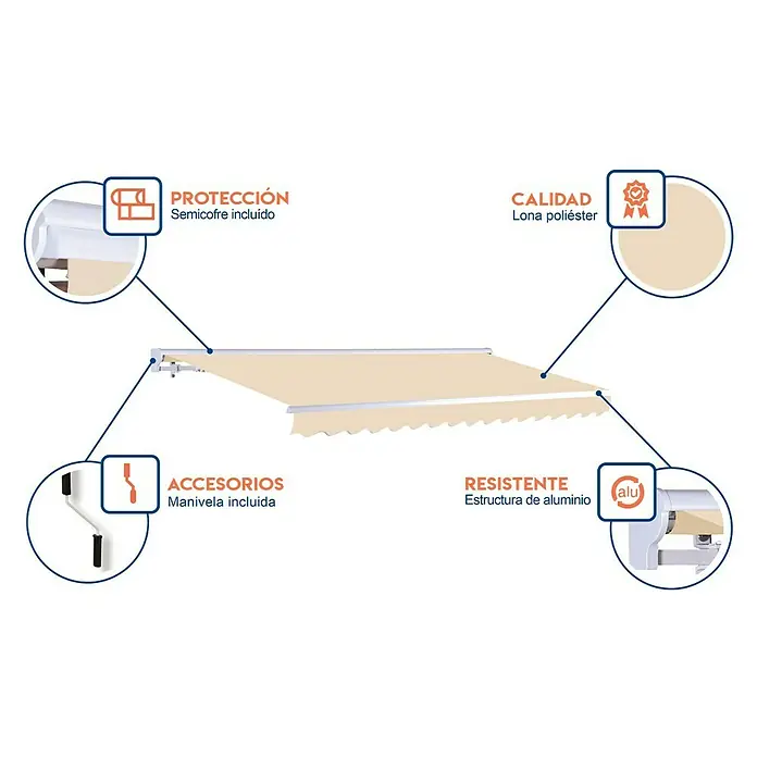 SmartSun Toldo de brazos extensibles Vivant - Beige arena, Ancho: 3 m, Caída: 2 m - Toldo con carcasa protectora, tejido de poliéster de alta calidad, accesorios y estructura de aluminio resistente para una durabilidad duradera.