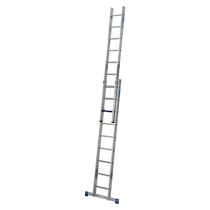 Krause Stabilo Schiebeleiter +S - Anzahl Tritte: 18 Stk., Arbeitshöhe: 5,15 m, Aluminium - Bild einer ausziehbaren Aluminiumleiter von Krause mit rutschfesten Sprossen und blauen Fußkappen für sicheren Stand.
