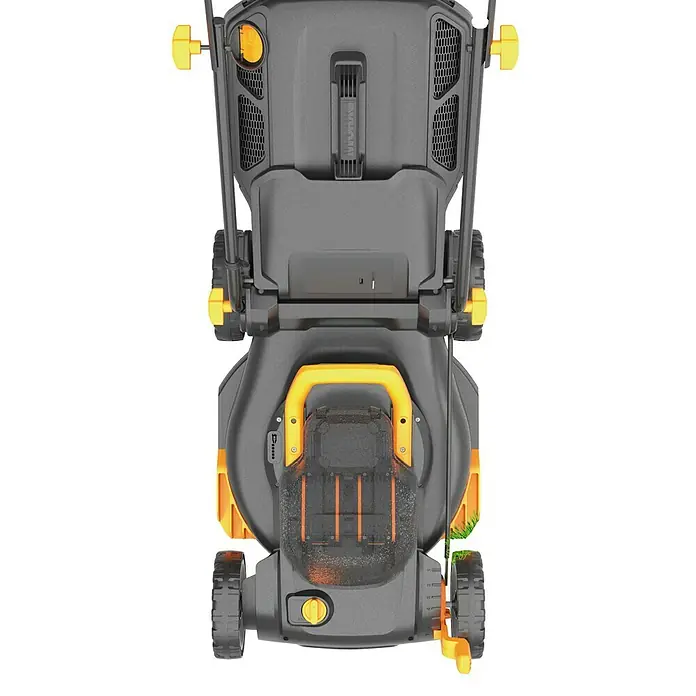 Worx PowerShare 20V Akku-Rasenmäher WG779E - 40 V, 2 Akkus, 2,5 Ah, Schnittbreite: 34 cm - Draufsicht eines Rasenmähers mit gelben Akzenten. Das Design ist modern und die Bauweise robust. Ideal für die Gartenpflege.
