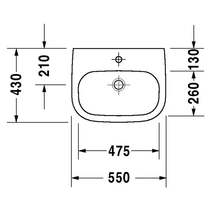 Duravit D-Code Waschtisch Med - 55 x 43 cm, Ohne Spezialglasur, Hahnloch: Mitte, Ohne Überlauf, Weiß - Technische Zeichnung eines Waschbeckens mit Maßangaben zur Veranschaulichung der Abmessungen und des Designs.