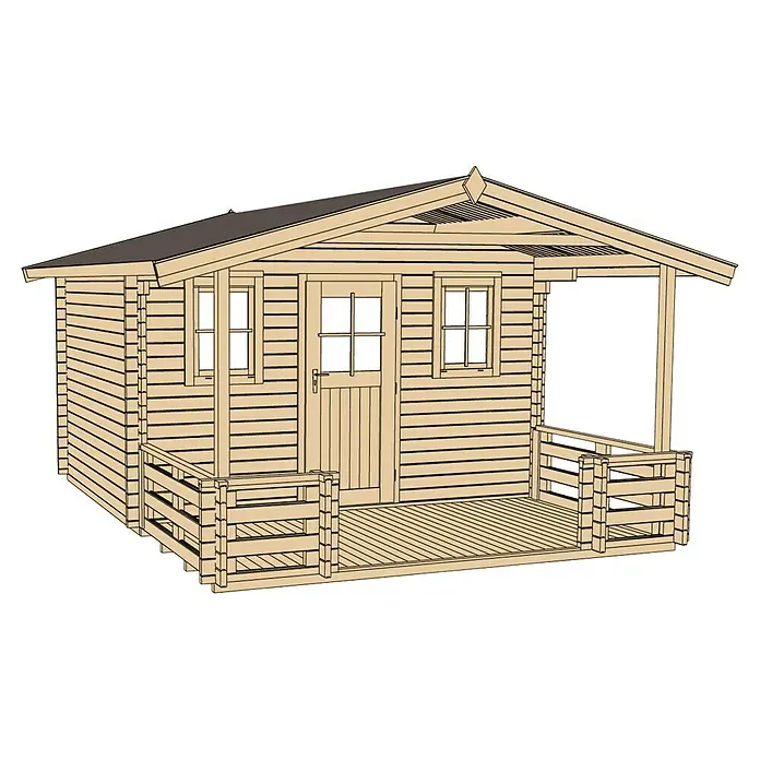 Weka Gartenhaus Weekendhaus 138 B - Außenmaß inkl. Dachüberstand (B x T): 450 x 510 cm, Holz, Natur, 19 m² - Abbildung eines Holzgartenhauses mit überdachter Veranda, ideal für Entspannung und Lagerung im Freien.