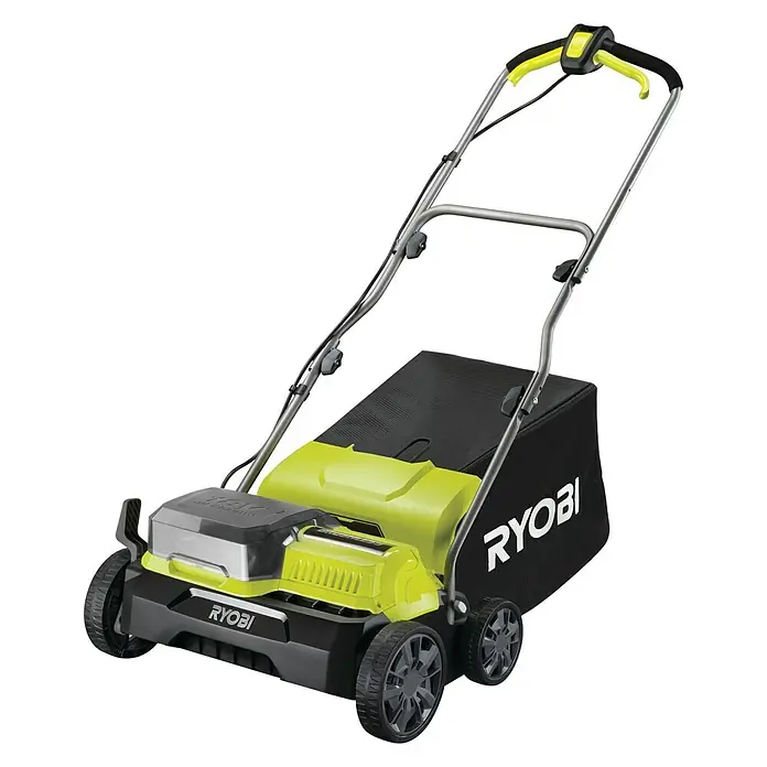 Ryobi ONE+ Akku-Vertikutierer RY18SFX35A-240 - Anzahl Akkus: 2 Akkus, 18 V, Arbeitsbreite: 35 cm - Ein RYOBI Akku-Rasenmäher mit Grasfangkorb, ideal für kleine bis mittelgroße Gärten. Er ist leicht und einfach zu bedienen.