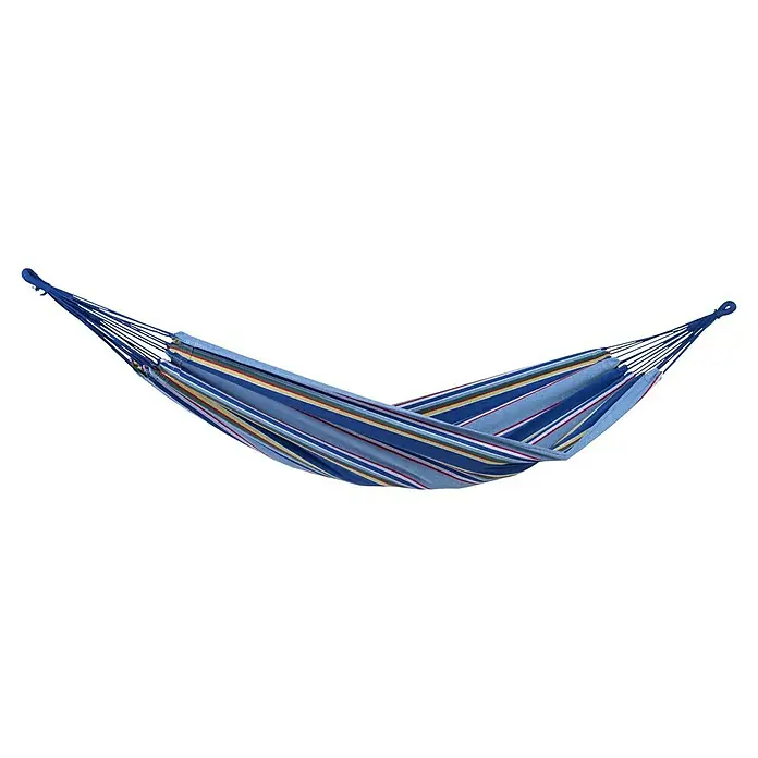 Amazonas Hängematte Tahiti Ocean - Blau, Länge: 310 cm - Hängematte mit blauem Streifenmuster und blauen Seilen, ideal zum Entspannen im Garten oder auf der Terrasse.