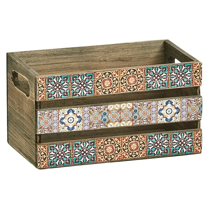 Zeller Present Aufbewahrungsbox Mosaik - L x B x H: 240 x 140 x 135 mm, Holz, Braun - Dekorativer Holzkorb mit farbenfrohen Kacheln. Ideal zur Aufbewahrung und als Blickfang in jedem Raum mit rustikalem Design und praktischen Griffen.