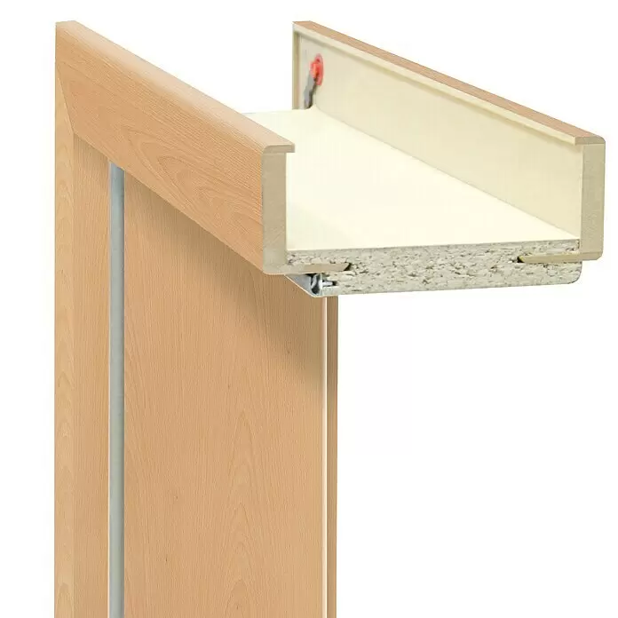 Classen PL Türzarge - 610 x 1.985 mm, Wandstärke: 160 mm, DIN Anschlag: Links, Buche - Querschnitt einer hellen Holzschiebetür mit oberer Führungsschiene, roter Rolle und Metallführung.
