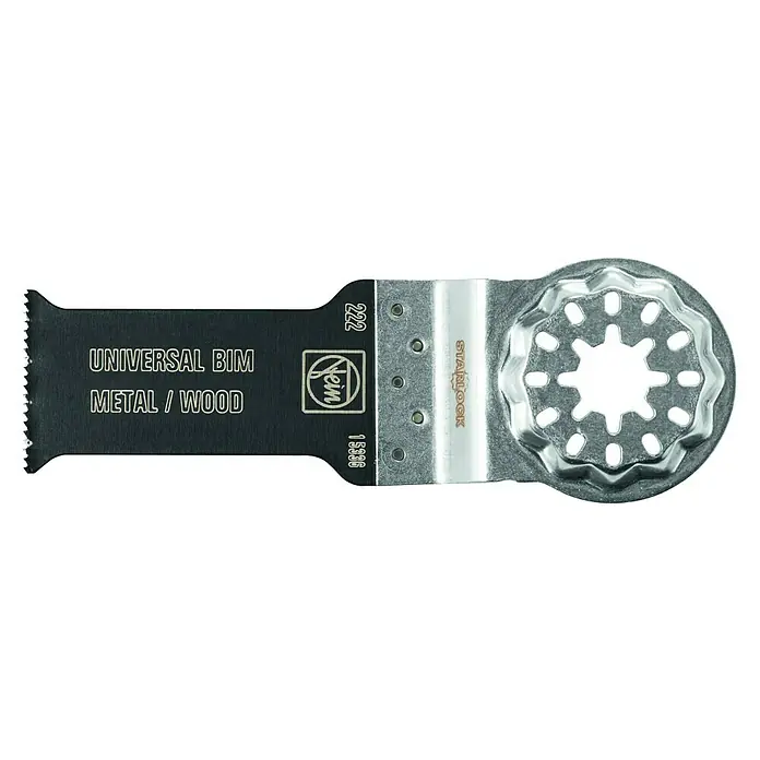 Fein Starlock Bi-Metall-Sägeblatt E-Cut Universal - L x B: 55 x 28 mm, 5 Stk. - Das Bild zeigt ein FEIN E-Cut Universal BIM Sägeblatt für Metall und Holz mit einer StarLock-Aufnahme.
