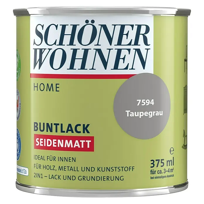 SCHÖNER WOHNEN-Farbe Home Buntlack - Taupegrau, Seidenmatt, 375 ml, Wasserbasiert - Farbdose „Schöner Wohnen Home“ in Taupegrau, seidenmatt, 375 ml, ideal für Holz, Metall und Kunststoff.