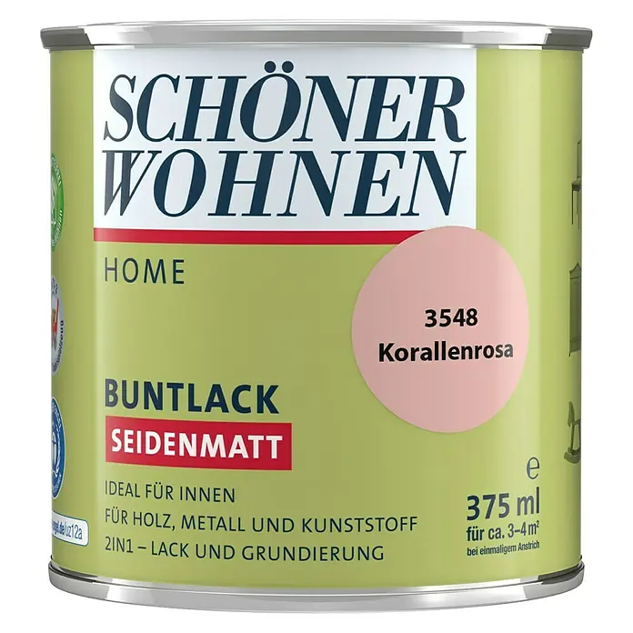 SCHÖNER WOHNEN-Farbe Home Buntlack - Korallenrosa, Seidenmatt, 375 ml, Wasserbasiert - Dose "Schöner Wohnen Home Buntlack Seidenmatt" in Korallenrosa (375 ml), ideal für Holz, Metall und Kunststoff im Innenbereich.