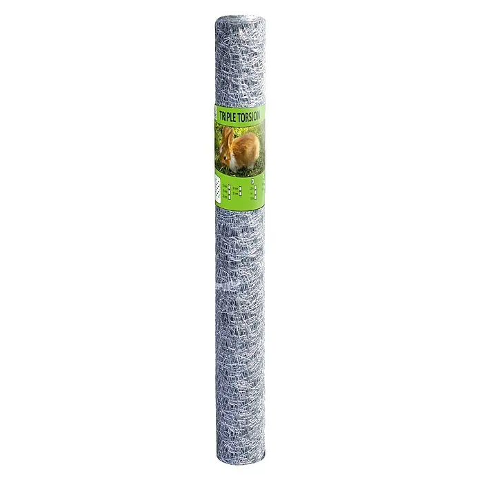 Malla metálica Triple Torsión - L x Al: 10 x 1 m, Alambre de acero, Efecto aluminio, 19 mm - Un rollo de malla metálica Triple Torsion, ideal para recintos de animales y vallas de jardín, con una etiqueta con un conejo.