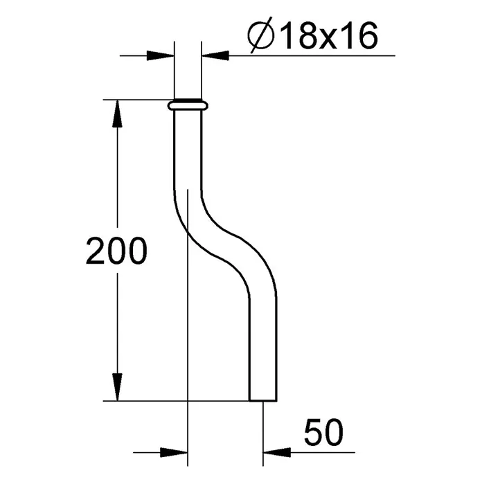 Grohe Urinal-Spülrohr - Durchmesser: 18 mm, Kröpfung: 50 mm - Technische Zeichnung eines Siphons mit den Maßen Durchmesser 18x16 mm, Höhe 200 mm und einer Ausladung von 50 mm.