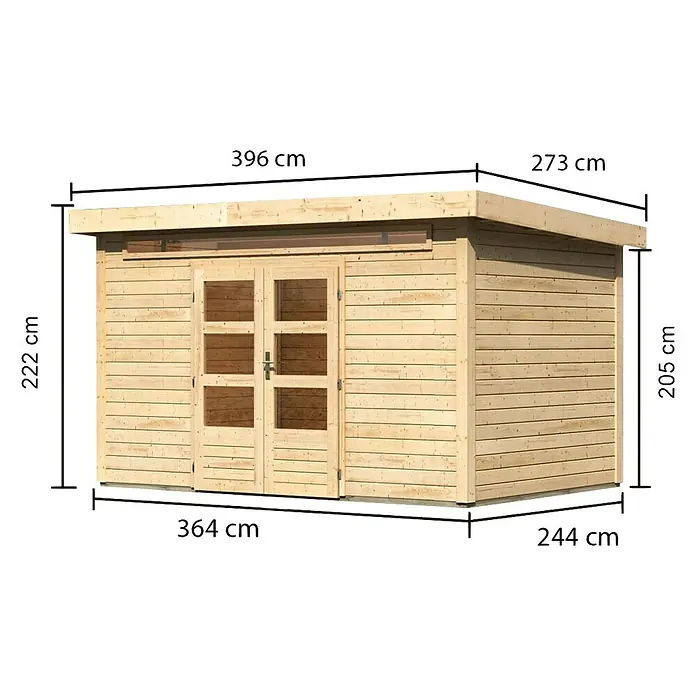 Karibu Gartenhaus Kandern 7 - Außenmaß inkl. Dachüberstand (B x T): 396 x 273 cm, Holz, Natur - Bild eines Holzgartenhauses mit den Maßen 396 x 273 x 222 cm für den einfachen Aufbau im Garten.