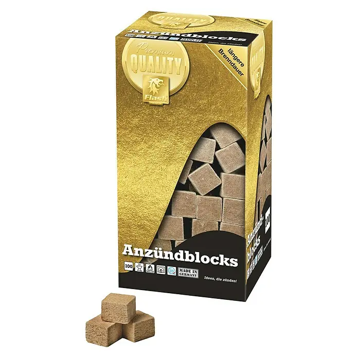 Flash Gold Anzündwürfel - 100 Stk. - Produktbild von Anzündblocks, ideal zum Anzünden von Feuerstellen, Kaminen und Grills. Premium Qualität mit langer Brenndauer.