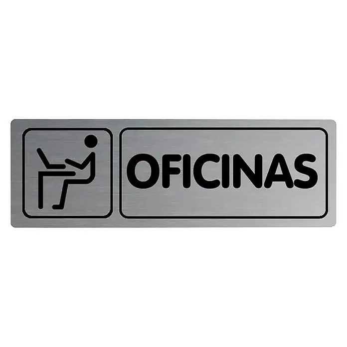 Rótulo - Plateado/Negro, Oficinas, 18 x 5 cm - Señal "Oficinas" con pictograma de persona en escritorio. Práctica señal para marcar espacios de oficina con acabado elegante en color plata.