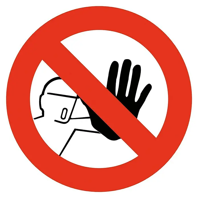 Cartel - Rojo/Blanco, Prohibido el paso, 5 x 5 cm - Señal de advertencia con círculo rojo y línea diagonal, que prohíbe la entrada a personas con ropa protectora.
