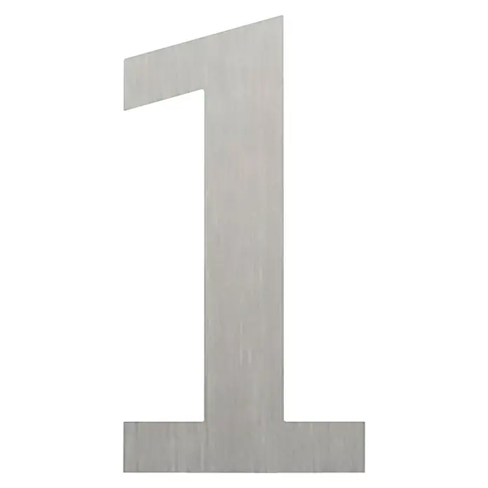 Etiqueta adhesiva troquelada 10 cm - 1, Plástico, Plateado, Autoadhesivo - Primer plano del número de casa uno de metal cepillado, que ofrece un aspecto moderno y elegante para cualquier hogar.