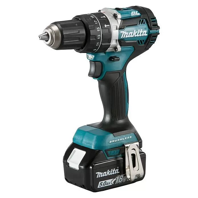 Makita LXT 18V Taladro atornillador percutor de batería DHP484 - 18 V, 2 baterías, 5 Ah, 54 Nm, Número máx. de impactos: 30.000 /min - Taladro inalámbrico Makita turquesa y negro con batería brushless de 5.0Ah 18V acoplada.