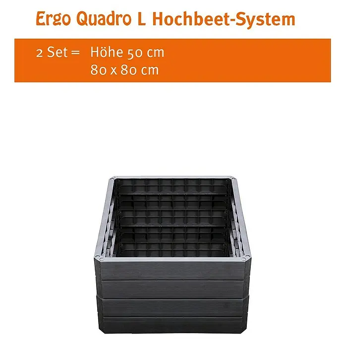 Garantia Hochbeet Ergo Quadro L - 80 x 80 x 25 cm, Kunststoff, Anthrazit, Holzoptik - Das Ergo Quadro L Hochbeet-System im quadratischen Design, ideal für den Garten. Die Höhe beträgt 50 cm und die Maße 80 x 80 cm.