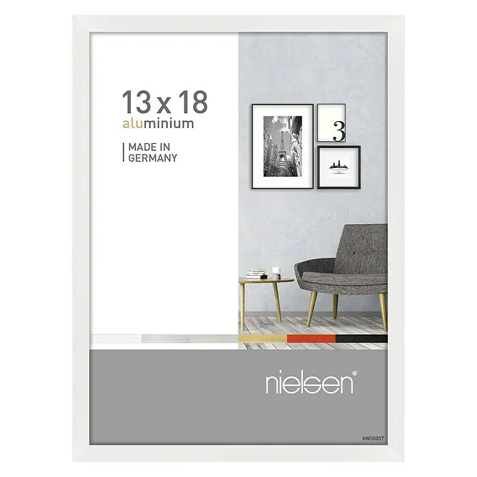Nielsen Alurahmen Pixel - 13 x 18 cm, Weiß - Das Bild zeigt einen weißen Nielsen Aluminium Bilderrahmen der Größe 13x18 cm, ideal für Fotos und Kunstdrucke, mit schlichtem Design.