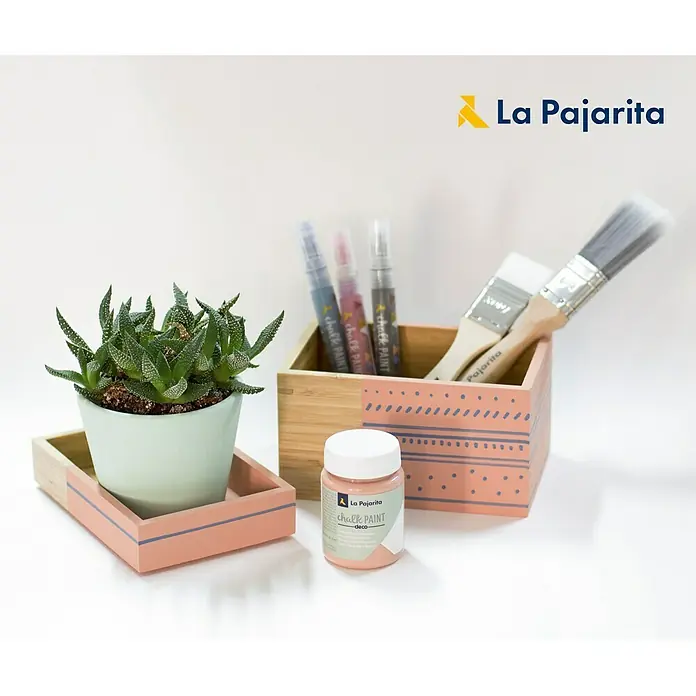 La Pajarita Pintura de tiza Chalk Paint - Vintage, 175 ml, Mate - Primer plano de un tarro de La Pajarita Chalk Paint, una maceta de suculentas y un recipiente con pinceles.