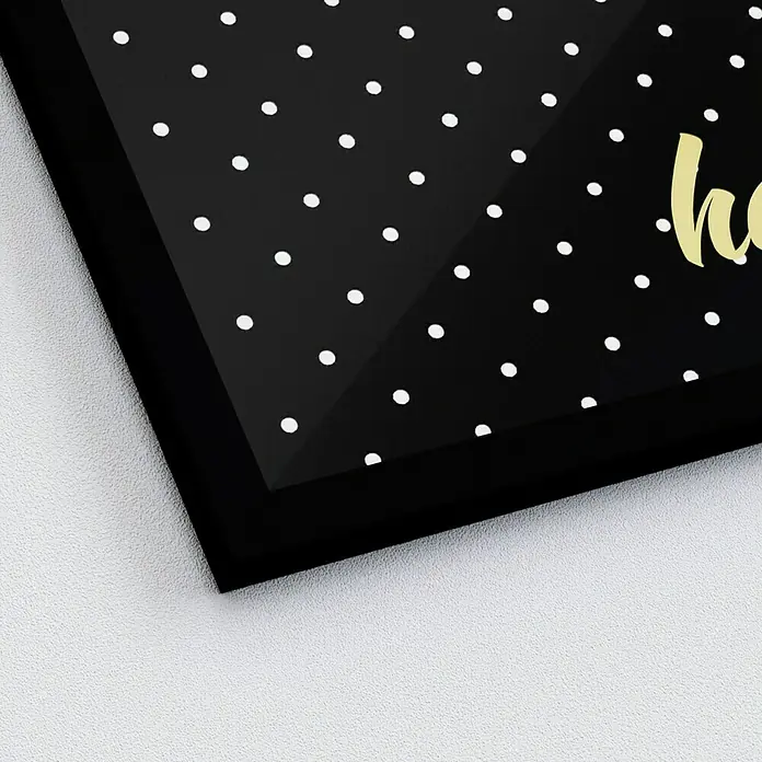 ProArt Bild - Happy, B x H: 33 x 33 cm - Detailaufnahme eines gerahmten Kunstdrucks mit schwarzem Punktdesign und goldener Schrift, elegant und modern.