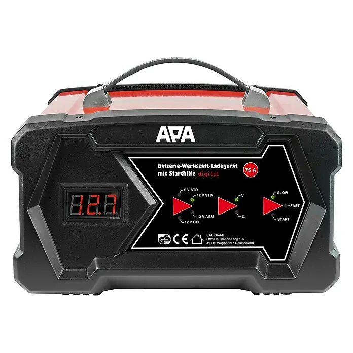 APA Cargador para el taller - Corriente de carga: 2 A - 12 A - Cargador de taller de baterías APA con arranque digital. Un cargador robusto para talleres con pantalla digital y función de arranque.