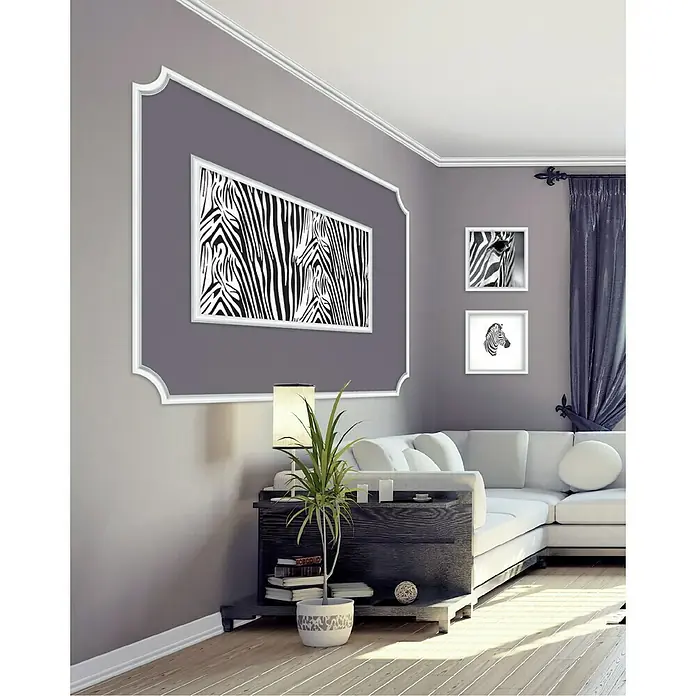 Zierprofil E 80 - 1,5 m x 2,1 cm x 2,5 cm, XPS-Hartschaumplatten, 4 Stk. - Wohnzimmer mit Zebra-Wandkunst. Die Zebra-Wandkunst verleiht dem modernen Raum einen Hauch von Wildnis und Stil.