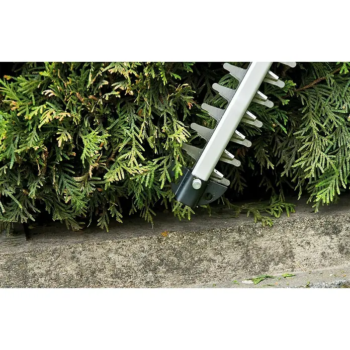 Einhell Power X-Change 18V Akku-Heckenschere GC-CH 1855/1 Li-Solo - 18 V, Ohne Akku, Schnittlänge: 55 cm - Nahaufnahme einer Heckenschere beim Schneiden einer Hecke, die für präzise Gartenarbeit sorgt.
