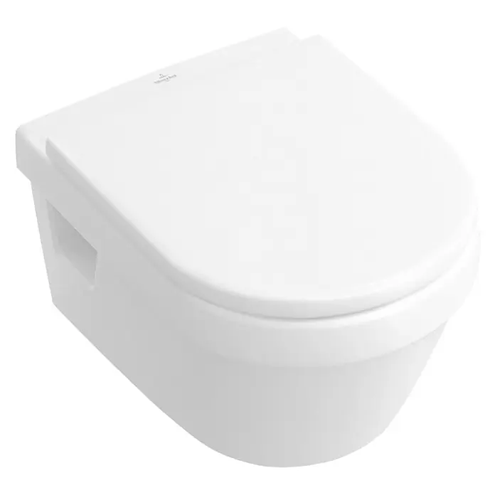 Villeroy & Boch Architectura Wand-WC-Set Typ 1 - Spülrandlos, Mit schmutzabweisender Glasur, Spülform: Tief, WC Abgang: Waagerecht, Weiß - Abgebildete wandhängende Villeroy & Boch Toilette in schlichtem Weiß für ein modernes Badezimmerdesign.