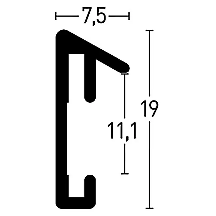 Nielsen Alurahmen Pixel - 24 x 30 cm, Mattsilber - Produktdarstellung eines Profils mit den Maßen 7,5, 11,1 und 19 zur Veranschaulichung der Abmessungen.