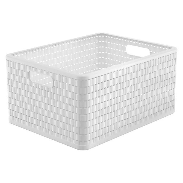 Rotho Allzweck-Korb Country A4 + - Weiß, Fassungsvermögen: 28 l - Eine weiße, rechteckige Aufbewahrungsbox aus Kunststoff mit gewebtem Design und integrierten Griffen. Ideal für Organisation im Haushalt.