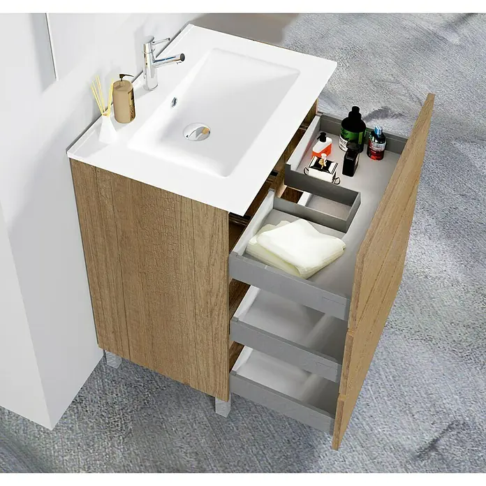 Artysan Conjunto de mueble de baño Berta - Nebraska, Mate, 3 pzs. - La imagen muestra un mueble de lavabo con cajones abiertos, ideal para la organización del baño y un diseño elegante.