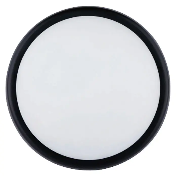 Luceco Aplique exterior LED Mini Circular - 5,5 W, 16 x 7 x 16 cm, Negro, Blanco, IP54 - Primer plano de una lámpara de techo LED redonda con borde negro y difusor blanco, ideal para interiores modernos.
