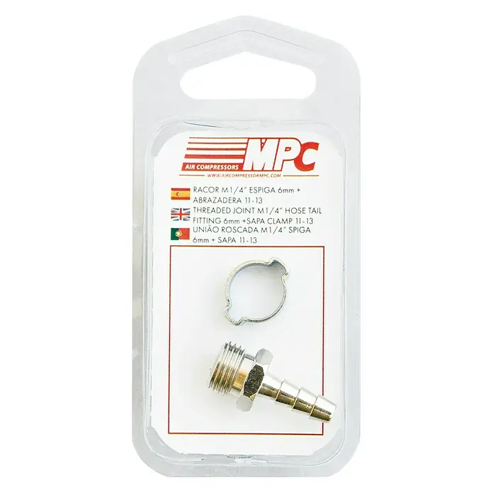 MPC Racor de conexión 6 mm con abrazadera SAPA 11-13 mm - ¼″ - Un juego de unión de manguera M1/4", completo con una abrazadera, ideal para compresores de aire y sistemas neumáticos.