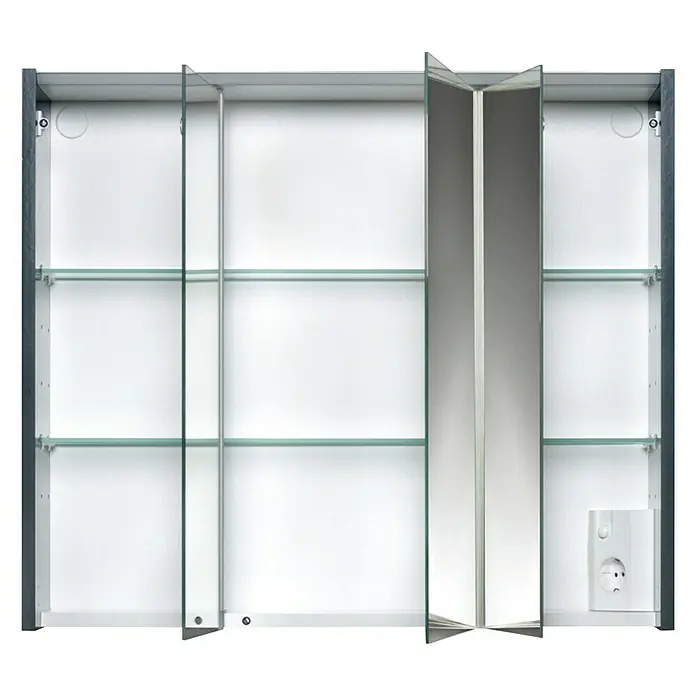Jokey LED-Spiegelschrank Arbo - B x H: 73 x 62,7 cm, Holz, Anthrazit - Ein offener Spiegelschrank mit Regalen und einer Steckdose im Inneren, der einen einfachen Zugang zu Badartikeln ermöglicht.