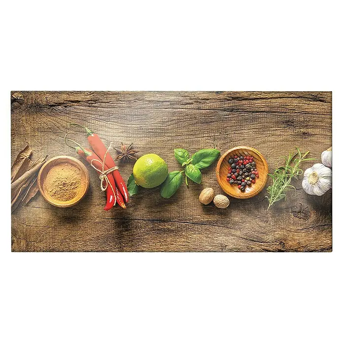 CUCINE Küchenrückwand - Wooden Spice, 80 x 40 cm, Stärke: 6 mm, Einscheibensicherheitsglas (ESG) - Gewürz-Arrangement auf Holz: Eine ansprechende Anordnung von aromatischen Gewürzen und Kräutern auf einer rustikalen Holzoberfläche.