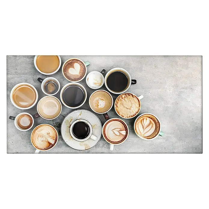 CUCINE Küchenrückwand - Coffee Love, 80 x 40 cm, Stärke: 6 mm, Einscheibensicherheitsglas (ESG) - Eine Anordnung verschiedener Kaffeetassen, die Latte Art, schwarzen Kaffee und andere Kaffeevariationen zeigen.