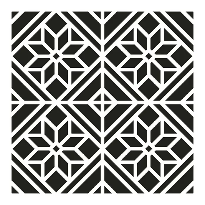 Artemio Plantilla decorativa Tile - 30 x 30 cm - Patrón geométrico blanco y negro con líneas cruzadas y formas de estrella para un diseño elegante y moderno.