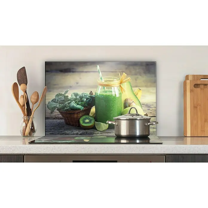 CUCINE Küchenrückwand - Green Smoothie, 60 x 40 cm, Stärke: 6 mm, Einscheibensicherheitsglas (ESG) - Glasrückwand mit einem Bild von frischen Zutaten für einen gesunden grünen Smoothie, perfekt für eine moderne Küche.