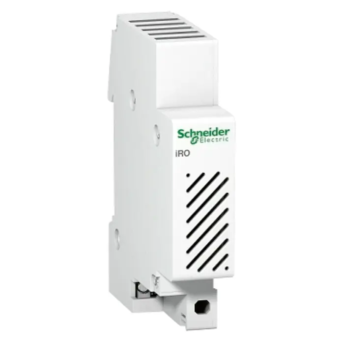 Schneider Electric Transformador de timbre de carril Zumbador - L x An x Al: 72 x 18 x 81 mm, Blanco, Plástico - Imagen de un módulo IRO de Schneider Electric, un componente electrónico utilizado en sistemas de control industrial.