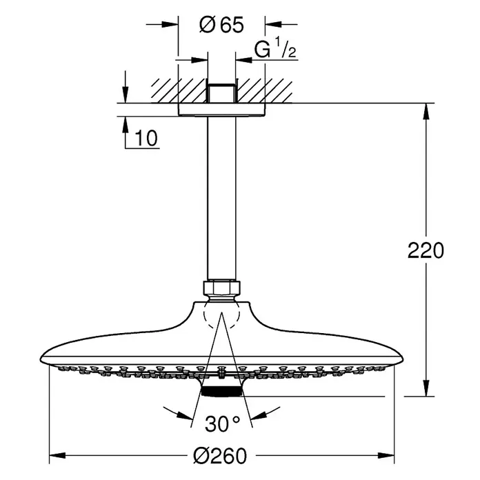 Grohe Euphoria 260 Kopfbrausen-Set - Durchmesser: 26 cm, 9,5 l/min, Deckenmontage, Chrom - Technische Zeichnung eines Duschkopfs mit den Maßen Durchmesser 260 mm, Höhe 220 mm, Winkel 30 Grad und weiteren Detailangaben.