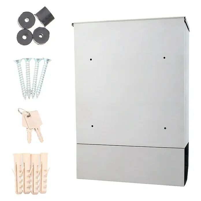 Rottner Wandbriefkasten Corto Inox - L x B x H: 43,5 x 30 x 10 cm, Silber, Edelstahl, Zeitungsfach - Bild einer Briefkasten-Garnitur mit Befestigungsmaterial, Schlüssel und Dichtungsringen. Ideal für sichere Postzustellung und einfache Montage.