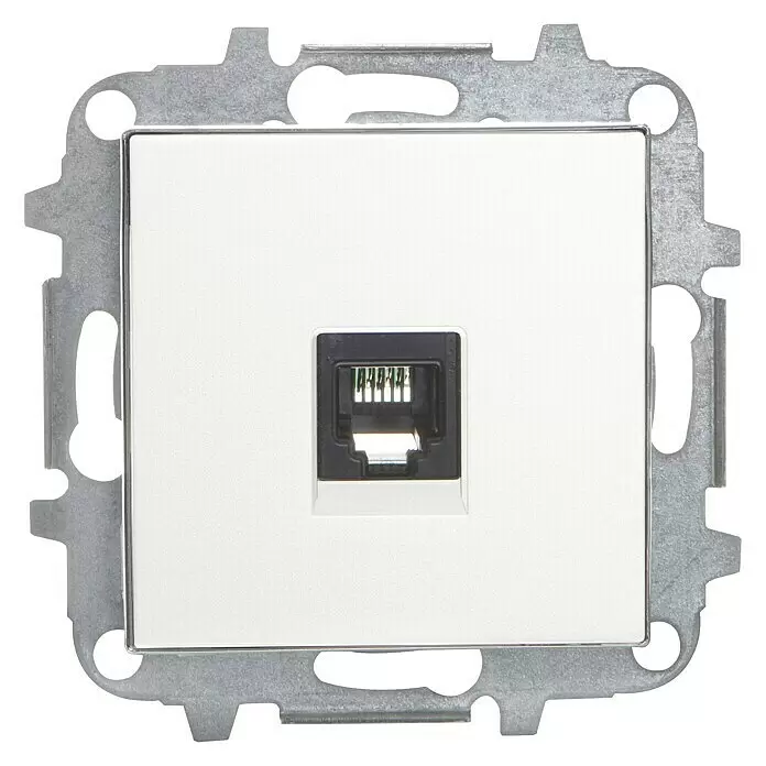 Niessen Sky Toma de teléfono - Blanco - Toma de pared Ethernet empotrable blanca con conector RJ45 negro, montada en marco metálico.